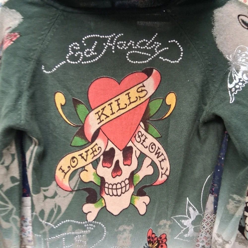 Vintage Y2K Ed Hardy Christian Audigier Hooded Pullover Sweater Love Kills Slowl